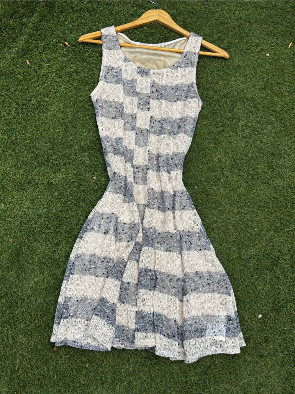 Hem & Thread Cream and Beige Satin-Trim Dress